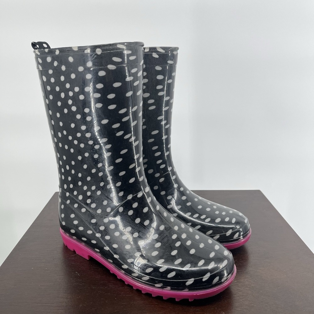 Girls Rain Boots Size 2-3 Black Pink Polka Dot Waterproof Rubber